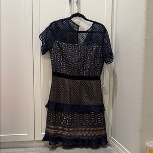 NWT Chelsea28 Navy Lace Overlay Ruffle Hem Dress